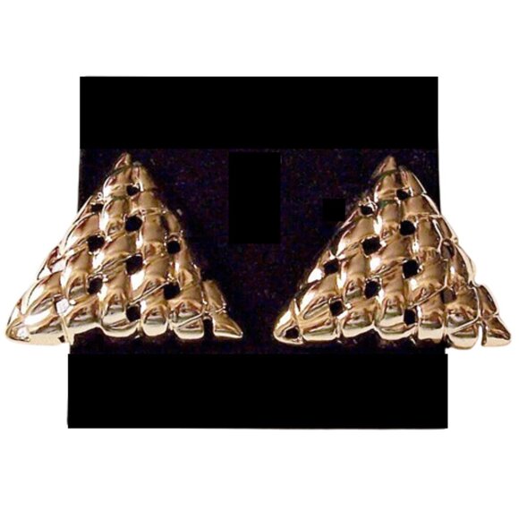 Triangle Basketweave Disc Pierced Stud Earrings Gold Tone - Picture 2 of 4